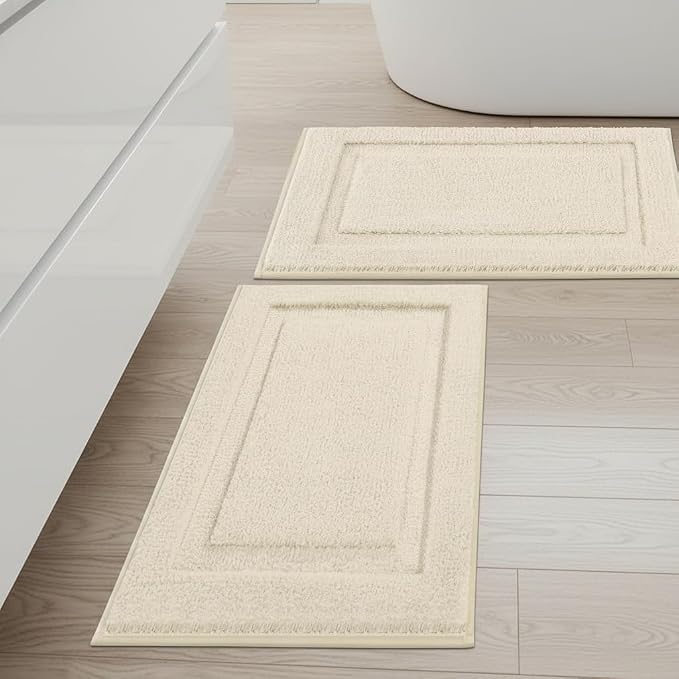 SHACOS Soft Microfiber Bathroom Rugs Set of 2 Pieces, Light Beige | 32x20 + 24x16, Absorbent Plush Bath Rugs, Non Slip Washable Shaggy Bath Mats, Fluffy Bathroom Runner Floor Mats Shower Rug