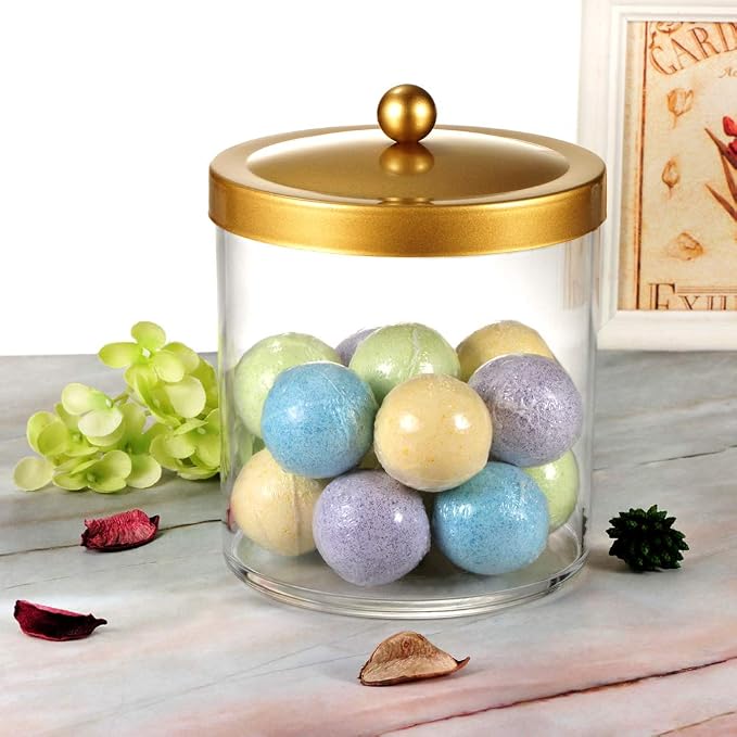 SheeChung 50 Ounce Large Clear Apothecary Jar with Gold Rust-Proof Lid - Shatterproof Plastic Storage Canister - Modern Luxury Bathroom Vanity & Laundry Room Organizer for Pods, Bath Salts