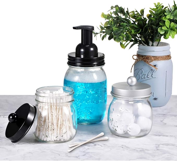 SheeChung Small Glass Mason Jar Qtip Holder with Black Stainless Steel Lid | Clear Apothecary Jar Canisters Set,Bathroom Jar Dispenser,Vanity Storage Organizer for Cotton Swab,Ball,Floss,Farmhouse Decor