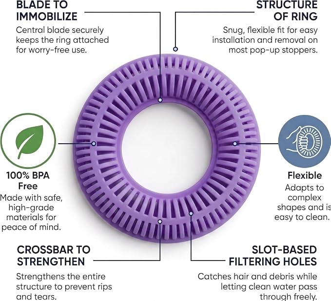 TubRing Pop-Up Drain Protector & Strainer Silicone Hair Catcher, Violet | Easy snap-in design fits around bathtub stoppers. Customizable utility guard for clog prevention. Fits 1.85"- 2.16" drains.