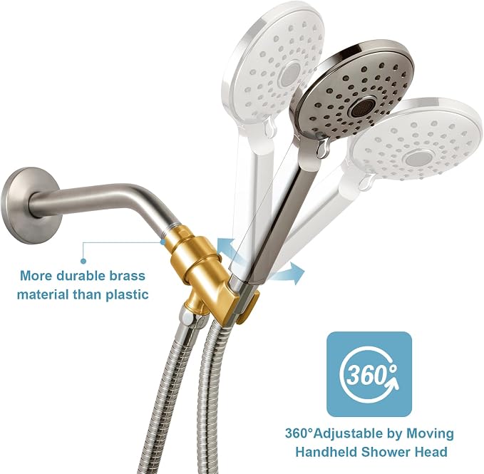 OFFO Shower Head Holder All Metal for Handheld Shower Head, Brushed Nickel Adjustable Shower Arm Mount with Solid Brass Pivot Ball, 1/2 in IPS Female Inlet and Male Outlet