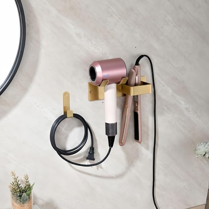 Hair Dryer and Straightener Holder, Hair Tool Organizer Wall Mount for Bathroom, Blow Dryer Holder Adhesive/Drilling HairDryer Stand, Stainless Steel Straightener Holder Gold UEMUSI