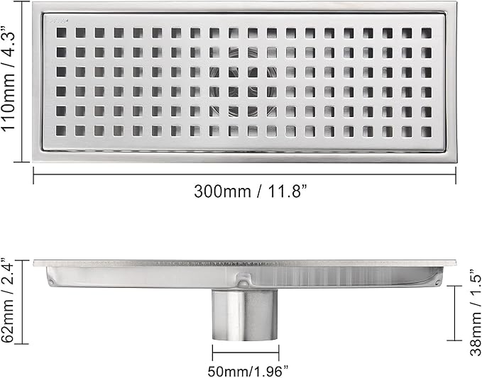 12 Inch Rectangular Shower Floor Drain, Detachable to Insert The Mesh Grille Cover, SUS304 Stainless Steel, Brushed Nickel