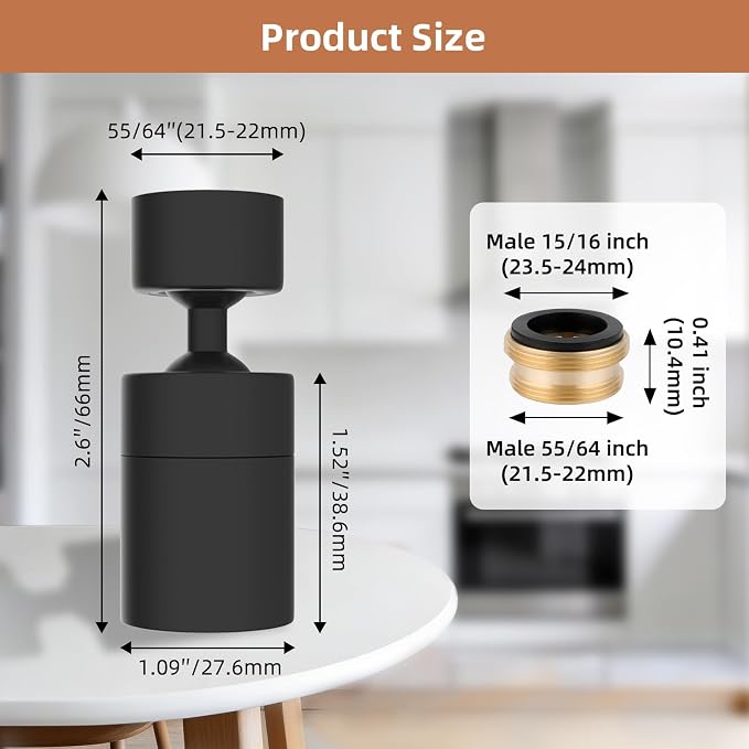 Hibbent Faucet Aerator, 360 Degree Kitchen Sink Faucet Aerator, Dual-function Swivel Big Angle Kitchen Faucet Attachment, Faucet Replacement Part, Matte Black