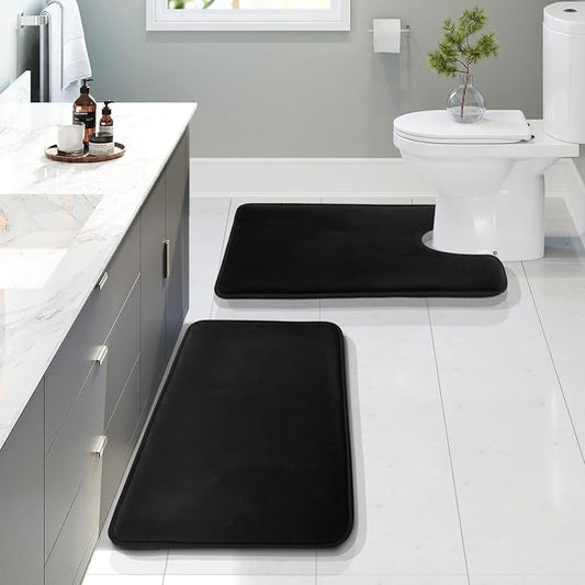 Clara Clark 2 Piece Bathroom Rugs, Velvet Memory Foam Bath Mat Set, Non-Slip Bath Rugs, Machine Wash, Dries Quickly, Ultra Soft Plush Bath Mats for Bathroom, 20 x 32 + Contour, Black
