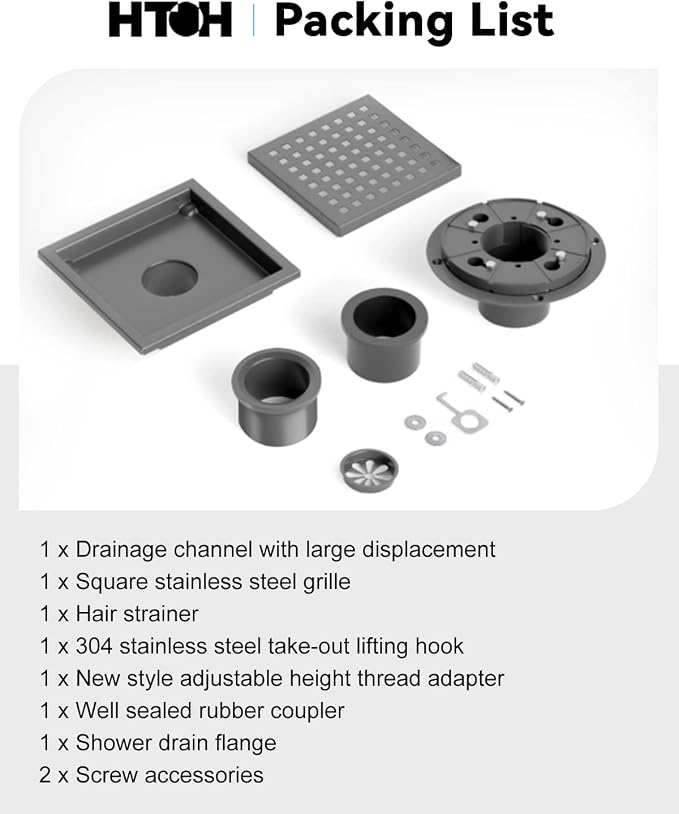 Matte Black Shower Drain 6 Inch with Flange CUPC Certified- Made of 304 Stainless Steel, Square Drain Includes Removable Cover Grid Grate, Hair Strainer,Thread Adapter