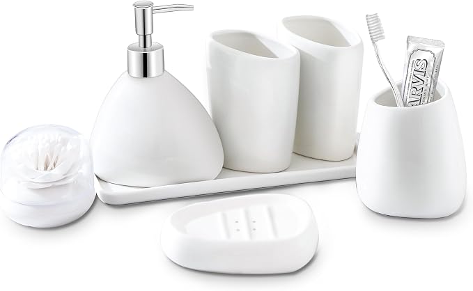 Ceramic Bathroom Accessory Set, 7 Pieces Countertop Accessories, Include Soap Dispenser, Toothbrush Holder, 2 Tumbler Cup, Soap Dish, Plastic Vanity Tray, Qtip Holder (White)