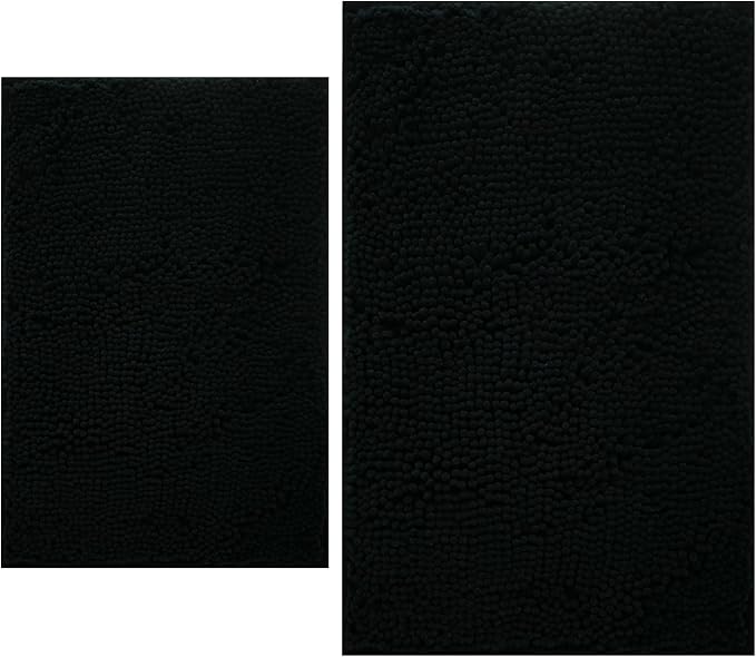Bathroom Rugs Sets 2 Piece, Extra Soft Chenille Bath Mat Ultra Absorbent Bathroom Rug, Bathroom Mat with Sturdy PVC Non-Slip Bottom, Machine Washable Bath Rugs (20x32 Inch + 16x24 Inch, Black)