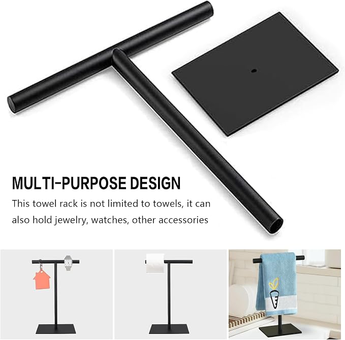Towel Racks Hand Towel Stand, Countertop T-Shape Stainless Steel Free Towel Rack Stand Storage for Table, Black Towel Ladder Hanger Bar Drying with Heavy Base for Bathroom Kitchen, Bathroom Decor