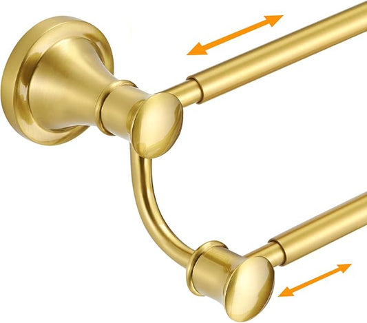 Hoimpro Adjustable Retractable 15-27 Inches Stainless Steel Bathroom Towel Bar, Bathroom Accessories Bath Hotel Double Towel Bar Rod Hanger Wall Mounted Towel Holder Towel Rack, Brushed Gold