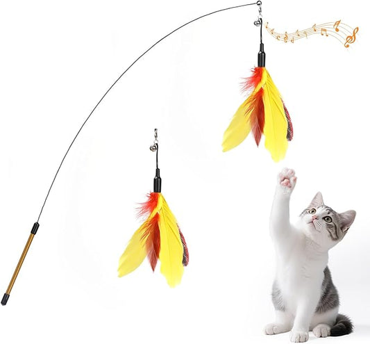 Pawaboo Cat Feather Wand Interactive Toy, 2 Feathers + 1 Wand with Bell | Cat Feather Teaser Toys Flying Catcher Extra Long 34.5" Wand Exerciser Playing Chase Cat Toy Wands for Kitten, Yellow& Red