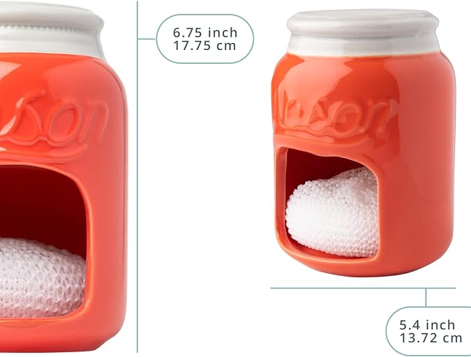 Comfify Coral Mason Jar Ceramic Sponge Holder – Farmhouse Sink Caddy | Coral; mason jar ceramic; 5"H x 3.75" diameter; includes nylon scrubby; embossed ‘MASON’; decorative lid; farmhouse