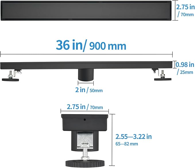 Linear Shower Drain ，with Tile Insert Panels ，36 Inch Black 304 Stainless Steel Rectangle Shower Floor Drain，with Hair Catcher, Adjustable Feet，Fits Bathroom, Balcony