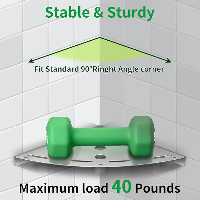 3 Pack Corner Shower Shelves, 304 Stainless Steel Corner Shelf Bathroom with 6 Hooks 40 lbs Heavy Duty, Durable for Inside Shower Brushed Nickel Drilling Installation（Silver