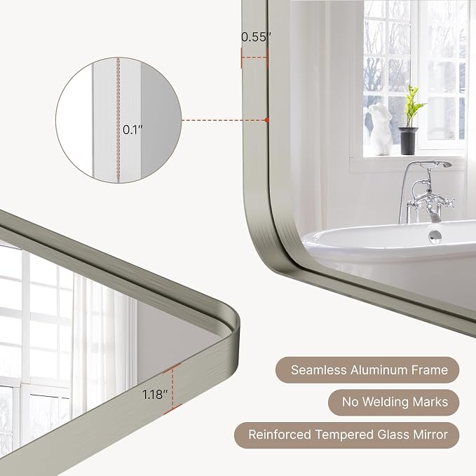 Kosmonia 30"x20" Bathroom Mirror, Large Brushed Nickel Vanity Mirror | Rounded Rectangle, Anti-Rust Wall Mounted, Aluminum Frame, Tempered Glass, Hangs Horizontally or Vertically