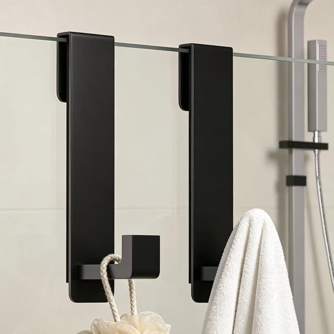 PMMASTO Shower Door Hooks, 7.5 Inch Extended Stainless Steel Heavy Duty Towel Hooks for Bathroom Frameless Glass Shower Door, L Shape Hooks for Hanger Robe, Towel, Black, 2 Pack