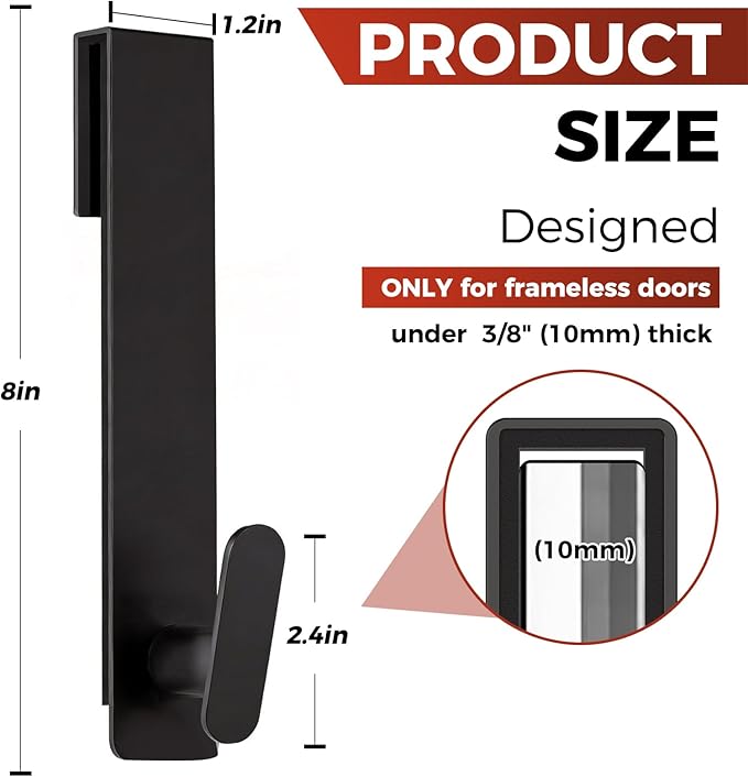Shower Door Hooks 8 Inch,Extended Heavy Duty Shower Hooks for Towels,Over the Towel Hooks for Bathroom Frameless Glass Door (Black,2 Pack)
