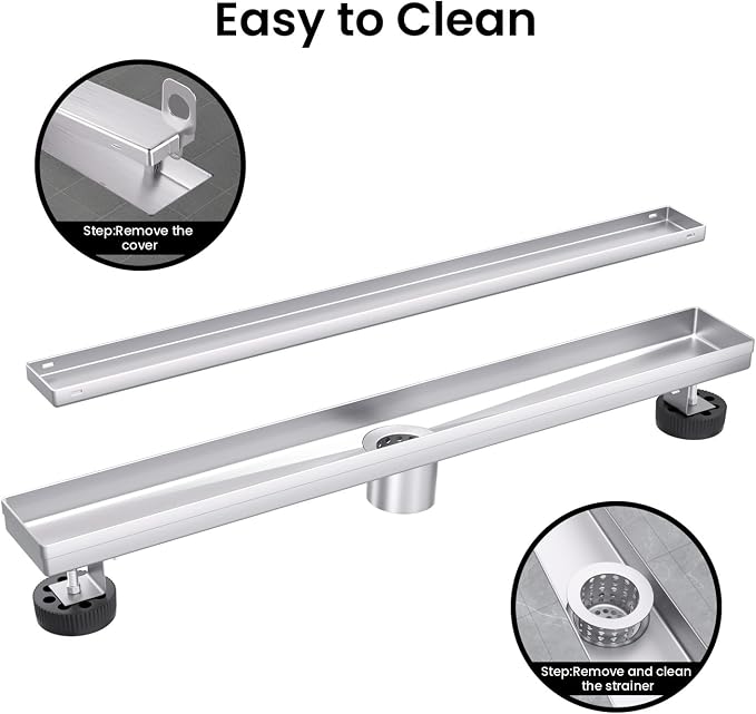 EXF Linear Shower Drain 24 Inch Tile Insert, Brushed Stainless Steel Rectangle Shower Floor Drain Cover with Hair Catcher, Adjustable Feet