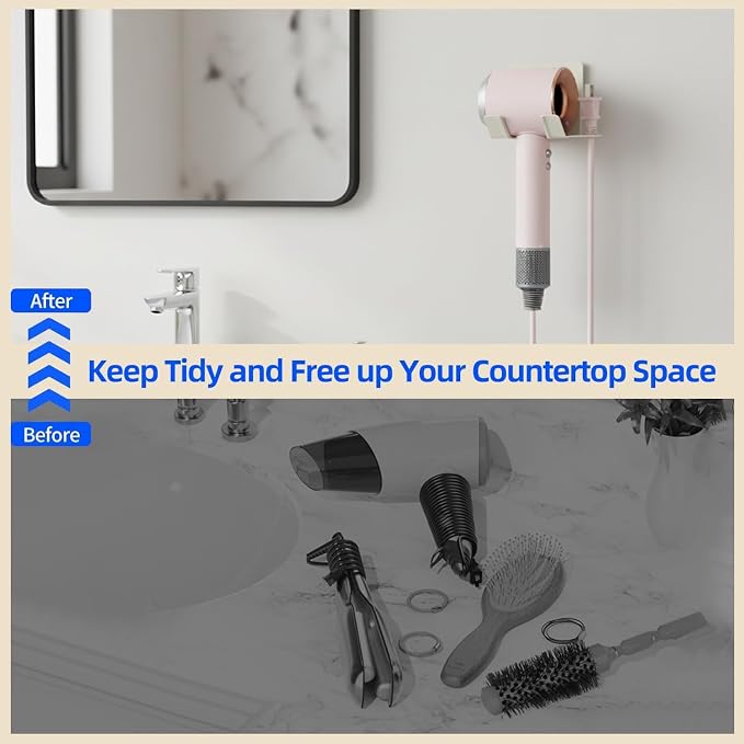 Hair Dryer Holder, Blow Dryer Holder Wall Mounted Hair Tool Organizer Self Adhesive Hair Dryer Holder Wall Mount, Compatible for HairDryer Holder for Bathroom White