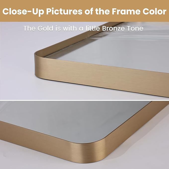 LOAAO 40"X30" Gold Bathroom Mirror | Rounded Rectangle, Brushed Gold Frame, Wall-Mounted, Anti-Rust, Tempered Glass, Hangs Horizontally or Vertically