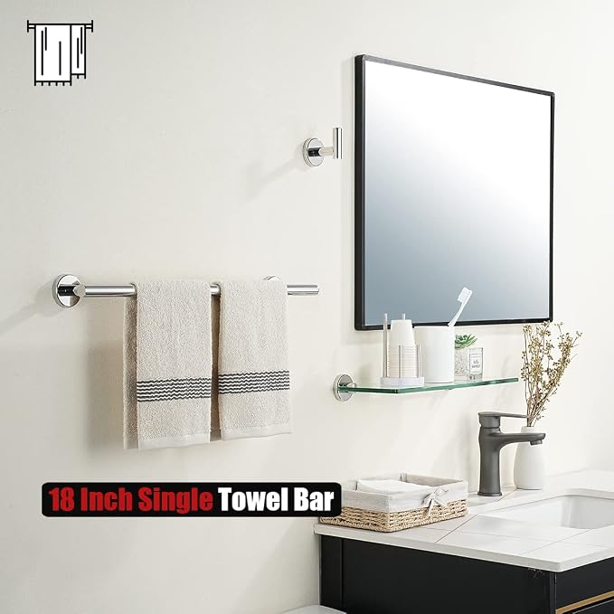 JQK Towel Bar Polished Steel, 19 Inch 304 Stainless Steel Thicken 0.8mm Towel Rack Chrome Bathroom, Towel Holder Wall Mount, Useable Length 16 Inch TB110L16-CH