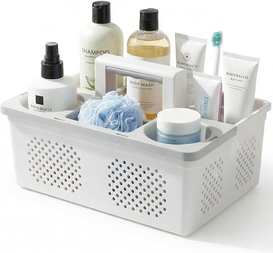 KMV Dorm Room Portable Shower Caddy with Adjustable Compartments - Ventilated Drainage Design with Handles, Perfect Toiletries Organizer for College Dorms-white