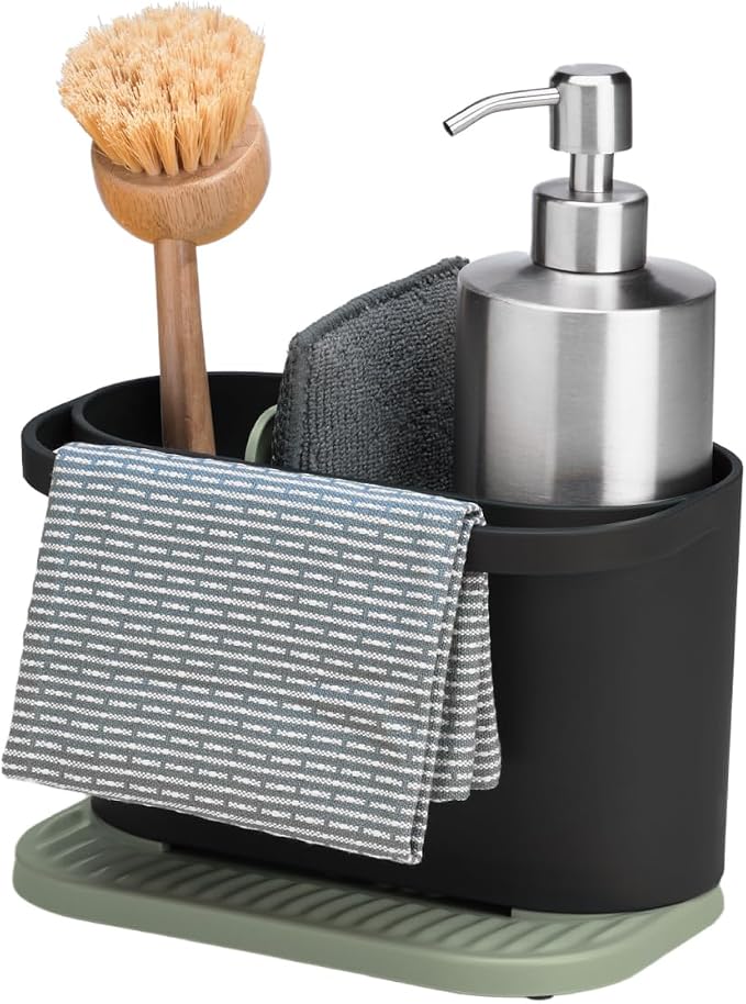 ReBorn Recycled Sink Organizer, Kitchen Sink Organizer, Two Main Compartments, Integrated Dish Cloth Rail, Ribbed and Sloped Base for Draining, Would Made in UK (Sage Green & Charcoal Grey)