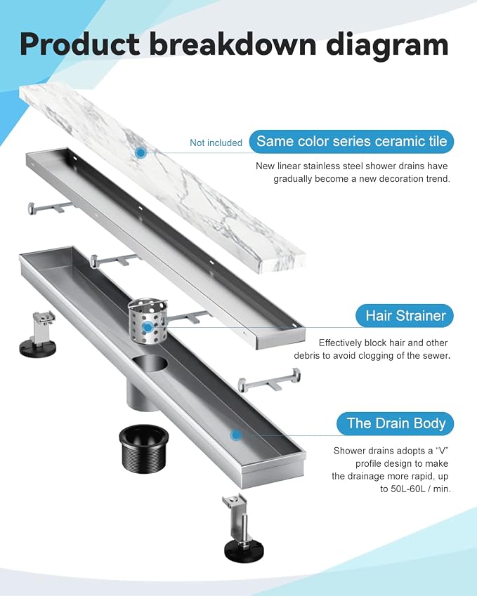 Linear Drain 32 Inch(Brushed Nickel), 2 in 1 Tile Shower Drain, 304 Stainless Steel Shower Floor Drain with Tile Insert Grate,Adjustable Feet,Hair Filter