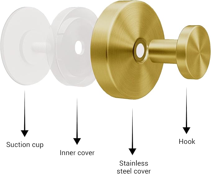 Suction Cup Hooks for Shower - 2 Pack, Gold - Stainless Steel, Strong Suction, No Drill, Removable Hanger, Tile Bathroom Kitchen Wall, Glass Door, Mirror Hook Hanging Robe, Towel Holder