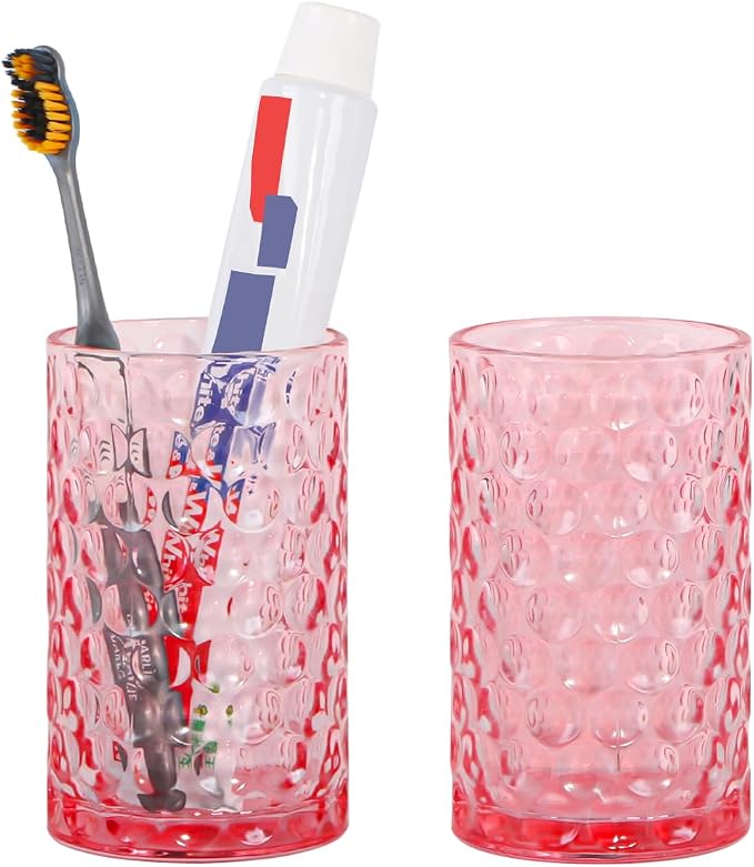 Glass Toothbrush Holder, Pink Bathroom Toothbrush and Toothpaste Holder Set, 11 oz Bathroom Tumbler Cup Set, Decorative Countertop Storage Cups Organizer for Toothpaste, Brushes
