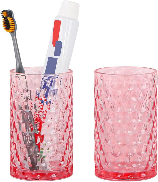 Glass Toothbrush Holder, Pink Bathroom Toothbrush and Toothpaste Holder Set, 11 oz Bathroom Tumbler Cup Set, Decorative Countertop Storage Cups Organizer for Toothpaste, Brushes