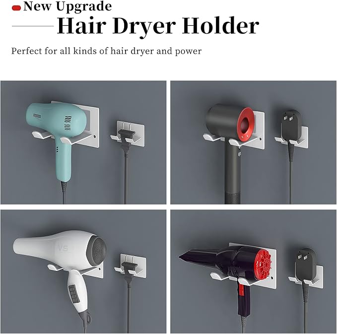 XIGOO Self Adhesive Hair Dryer Holder Wall Mounted | Adhesive Bathroom Hair Blow Dryer Rack, Organizer Compatible with Supersonic Hair Dryers, White