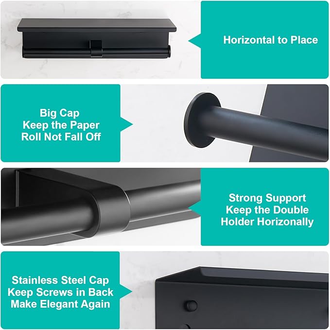 BGL Toilet Paper Holder with Shelf Matte Black, 304 Stainless Steel Wall Mount Toilet Tissue Roll Holder with Double Post for Bathroom, Commercial Toilet Paper Dispenser with Phone Shelf