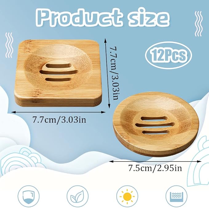 12 Pcs Bamboo Soap Dishes, Wooden Soap Tray Soap Holder, Shampoo Bar Holder Bar Soap Holder for Bathroom, Kitchen (Square & Round)