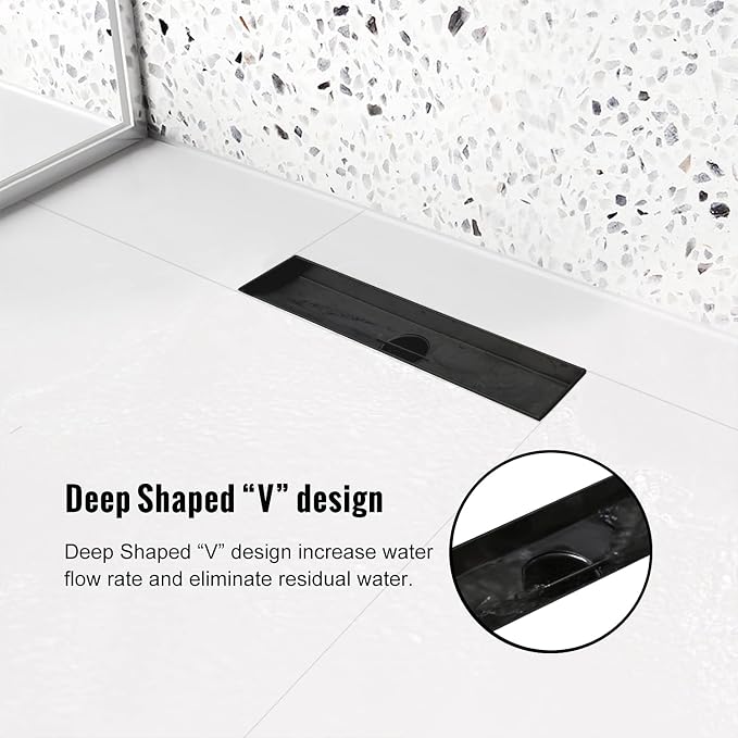 Linear Shower Drain, 12 inch Black Drain with Removable Grate Cover, Brushed 304 Stainless Steel Shower Floor Drain, Linear Drain with Hair Strainer and Adjustable Feet