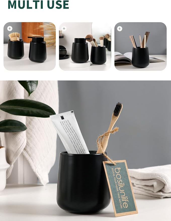 Bosilunlife Soap and Toothbrush Holder Set - Ceramic Bathroom Accessories Set Black Foaming Hand Soap Dispenser Set Bathroom Counter Toothbrush Holder and Soap Dispenser Set