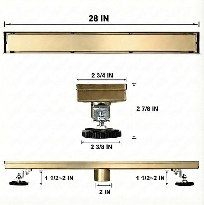 AVSIILE Linear Shower Floor Drain, Brushed Gold 28 Inch 304 Stainless Steel Bathroom Drains Kit, Rectangular Shower Trench Drain with Reversable Tile-in Pattern Drain Cover & Hair Catcher