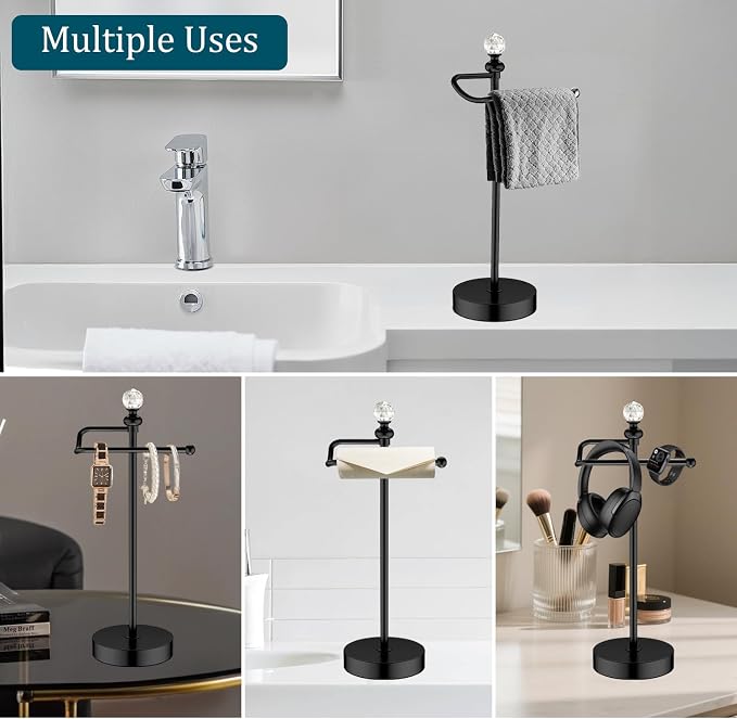 ROLABAM Heavy Weighted Hand Towel Holder(with Crystal Ball) Standing Hand Towel Holder Total Height 15.7'' for Kitchen,Bathroom,Vanity,Classic Decorative Metal Hand Towel Stand,Matte Black