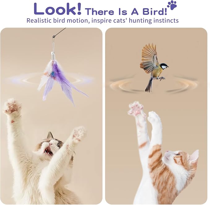 Pawaboo Cat Feather Wand Interactive Toy, 2 Feathers + 1 Wand with Bell | Cat Feather Teaser Toys Flying Catcher Extra Long 34.5" Wand Exerciser Playing Chase Cat Toy Wands for Kitten, Purple