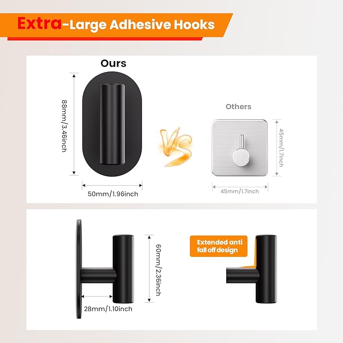 Aikzik Black Adhesive Hooks Heavy Duty, Wall Hooks for Shower, Bathroom, Towel, Coat, Robe, Stainless Steel Hooks for Hanging, Waterproof & Rustproof Sticky Hooks for Walls No Damage- 2 Pack