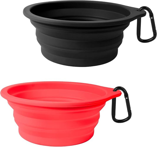 PetBonus 2-Pack Large Silicone Collapsible Dog Bowls, 34oz/1000ml BPA Free Portable Foldable Travel Bowl for Pet Cat, Food Water Feeding Dish for Camping with 2 Carabiners (Black, Red) | 34 Oz, Silicone, Foldable Expandable Cat Feeding Cup Dish, 2 Cara...