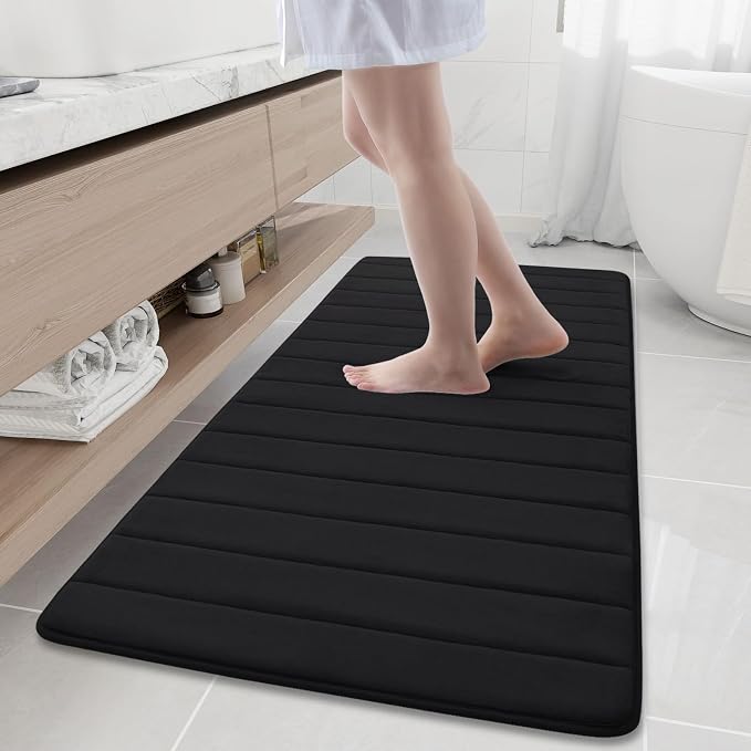 Buganda Memory Foam Bath Mat 60 x 24, Ultra Soft Absorbent Bathroom Rugs | Black, Machine Washable Quick Dry Bath Mats for Bathroom Floor, Shower and Tub, Home Decor Accessories