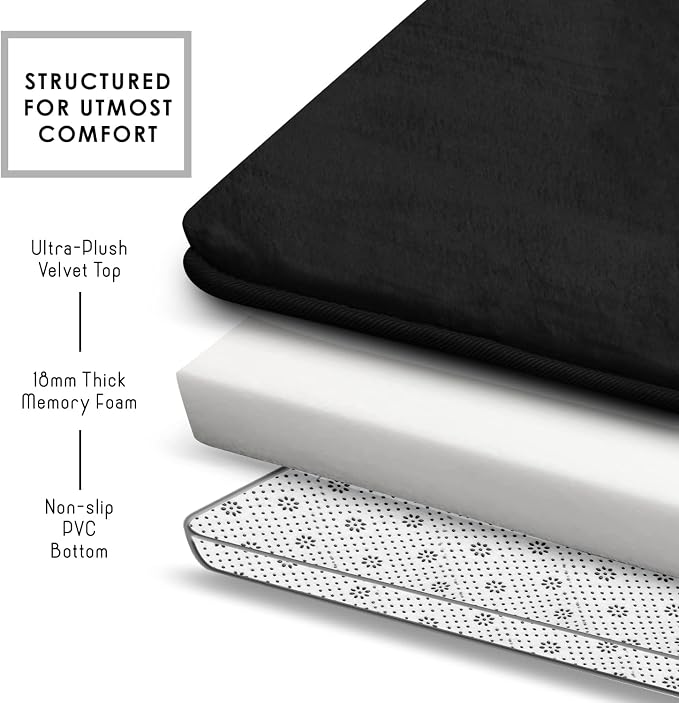 Clara Clark 3 Piece Bathroom Rugs Bath Mat Set, Velvet Memory Foam Bath Mats for Bathroom - Non-Slip, PVC Backing Bath Rugs, Washable - Dries Quickly, Black