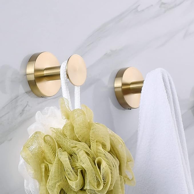 NEWRAIN Bathroom Towel Hooks, 2 Pack Towel Holder for Bathroom Wall, Cabinet Closet Door, Kitchen, Bedroom, Hotel - Modern Design Effortless Mounting Towel Hangers, Robe Hook Brushed Gold