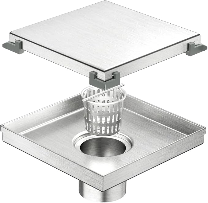 Neodrain Square Shower Drain with Removable Tile Insert Grate,304 Stainless Steel, CUPC Certified, Includes Hair Strainer (Brushed, 6 in)