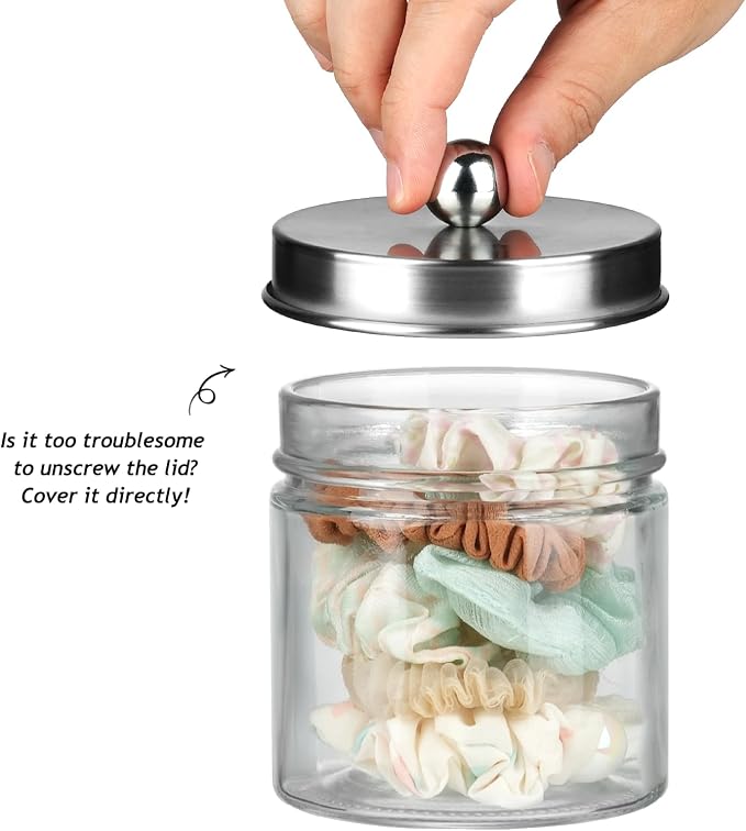 SheeChung Glass Mason Jar Qtip Holder Dispenser, Brushed Nickel Lids,2 Pack | Clear Apothecary Jar,Stainless Steel Lids,Small Bathroom Jars Canisters,Vanity Storage Organizer for Cotton Swabs,Balls,Floss
