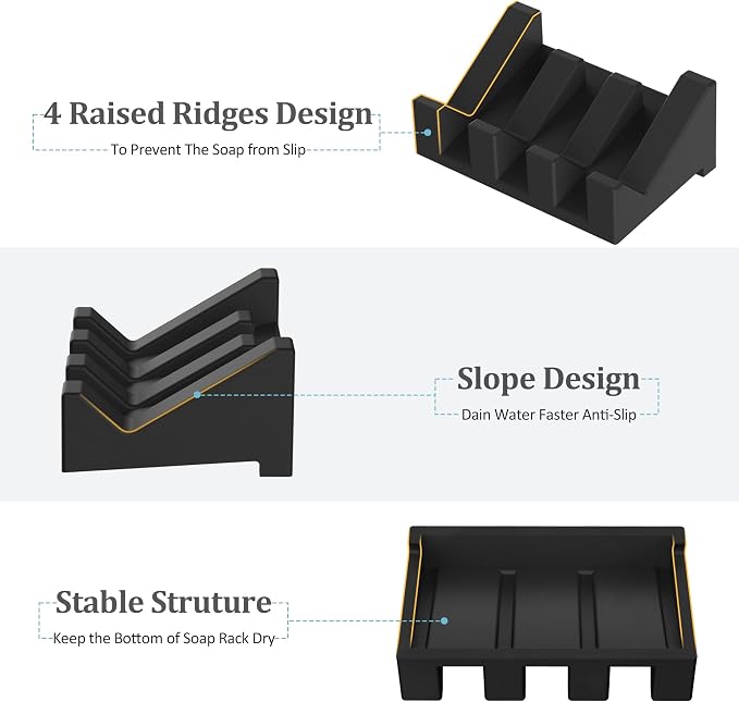 Silicone Soap Dish - 1 PCS Extended Self Draining Soap Holder for Shower, Bathroom and Bathtub with Drainage - Black