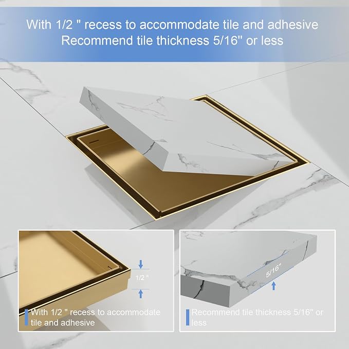 6-Inch Square Shower Drain with Tile Insert Grate, SUS 304 Stainless Steel Shower Floor Drain Kit with Hair Strainer (Brushed Gold)