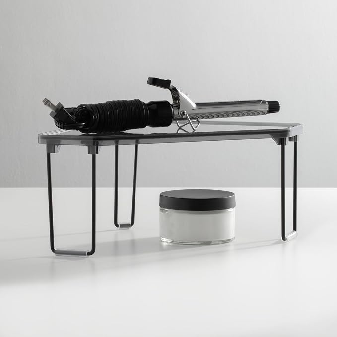 mDesign Plastic/Steel Corner Stackable Rack, Storage Organizer Shelf for Bathroom, Vanity, Countertop, Sink, Cabinet, Holds Makeup, Shower Accessories, Ligne Collection - 2 Pack - Black/Smoke Gray