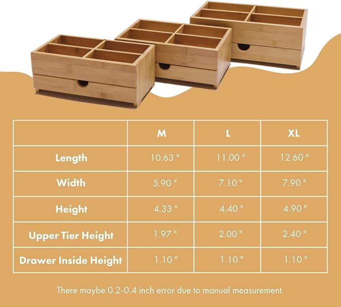 GOBAM Bamboo Makeup Organizers and Storage with Drawer - Wooden Cosmetic Organizer Countertop for Bathroom, Bedroom, Closet, Kitchen, Vanity & Dresser - Make up Vanity Station